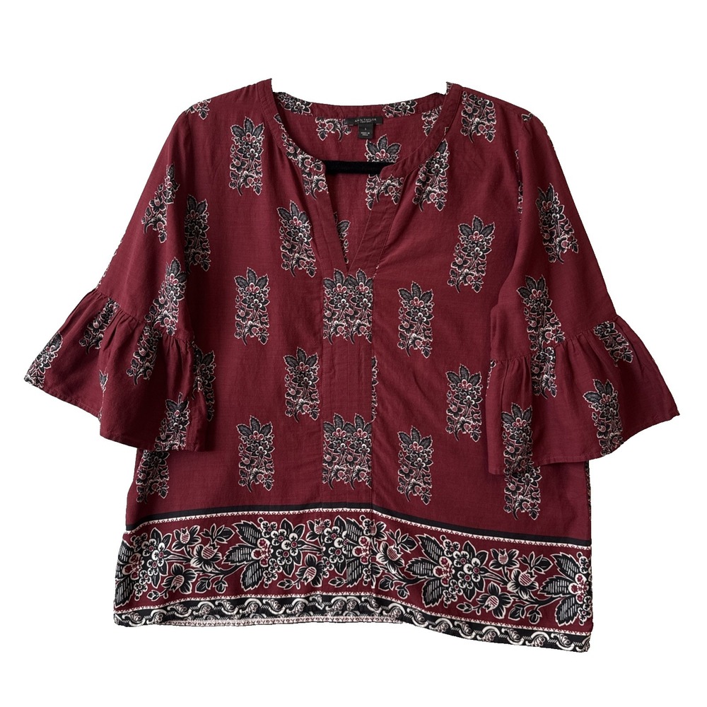 Ann Taylor Burnt Red Floral V Neck Bell Sleeve Modal Cotton Top S Boho Chic Soft